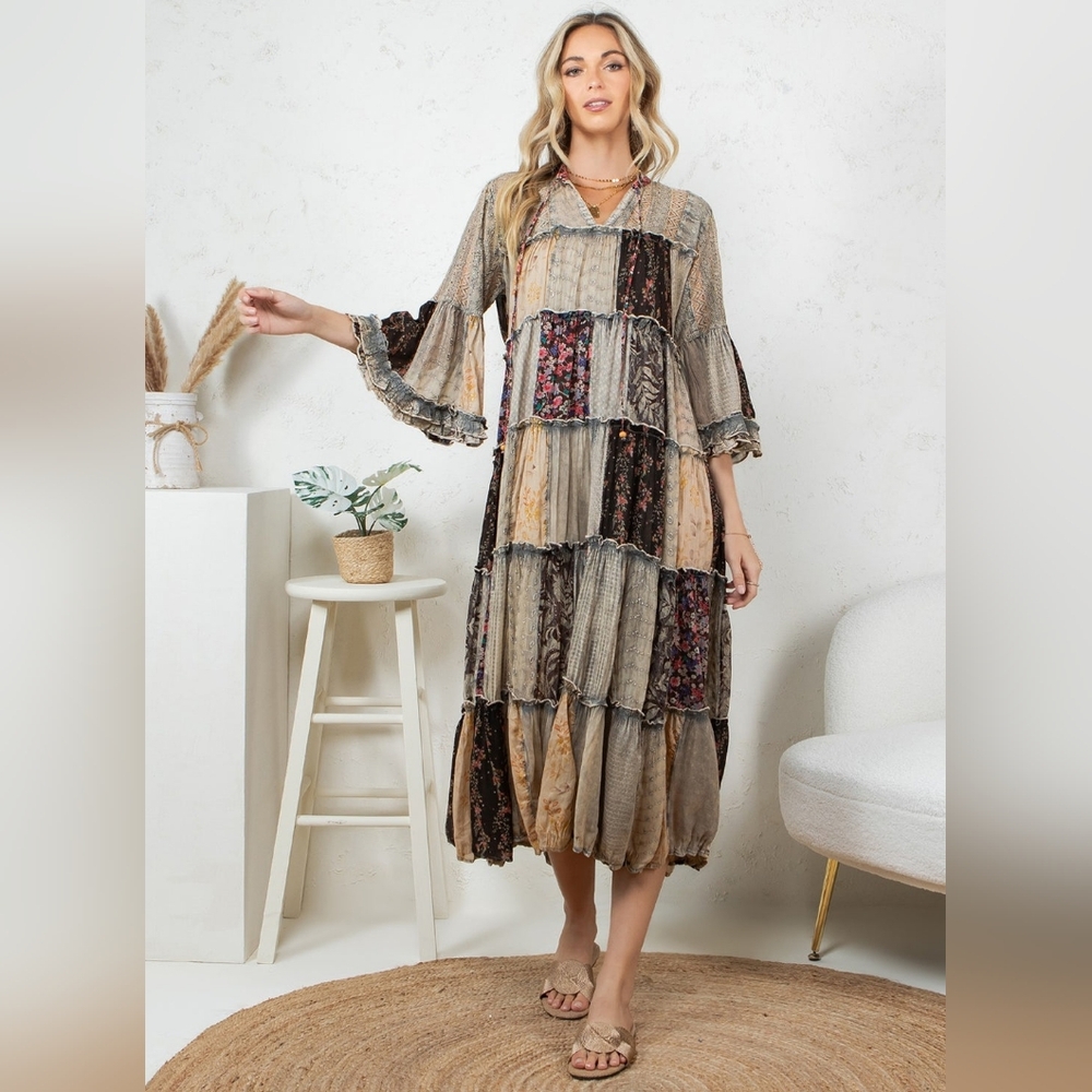 Patchwork Boho Maxi Dress in Beige and Black - Picture 2 of 6